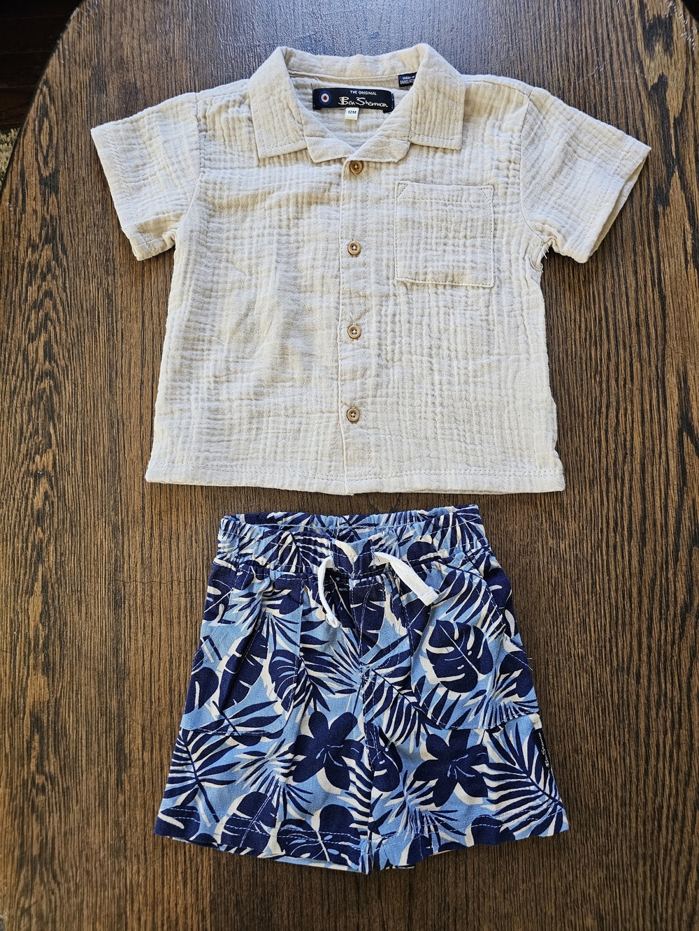 Ben Sherman Cream Gauze Button-Up Shirt & Blue Tropical Shorts Set Size 12 Month